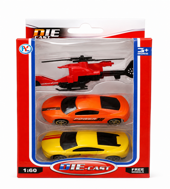 Die-Cast 1:60 Scale Vehicle and Helicopter Combo Set - Toy Car and Aircraft Play Pack