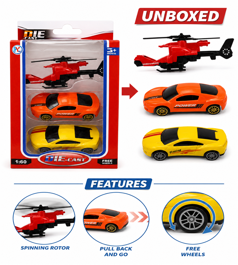 Die-Cast 1:60 Scale Vehicle and Helicopter Combo Set - Toy Car and Aircraft Play Pack