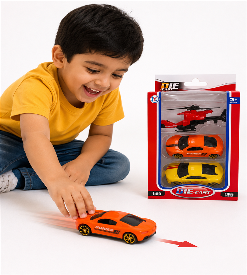 Die-Cast 1:60 Scale Vehicle and Helicopter Combo Set - Toy Car and Aircraft Play Pack