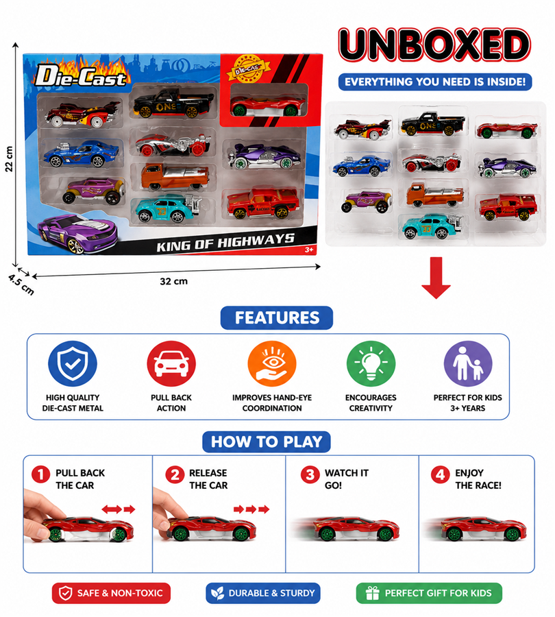 Die-Cast King of Highways - 10-Piece Metal Toy Car Collection Gift Set