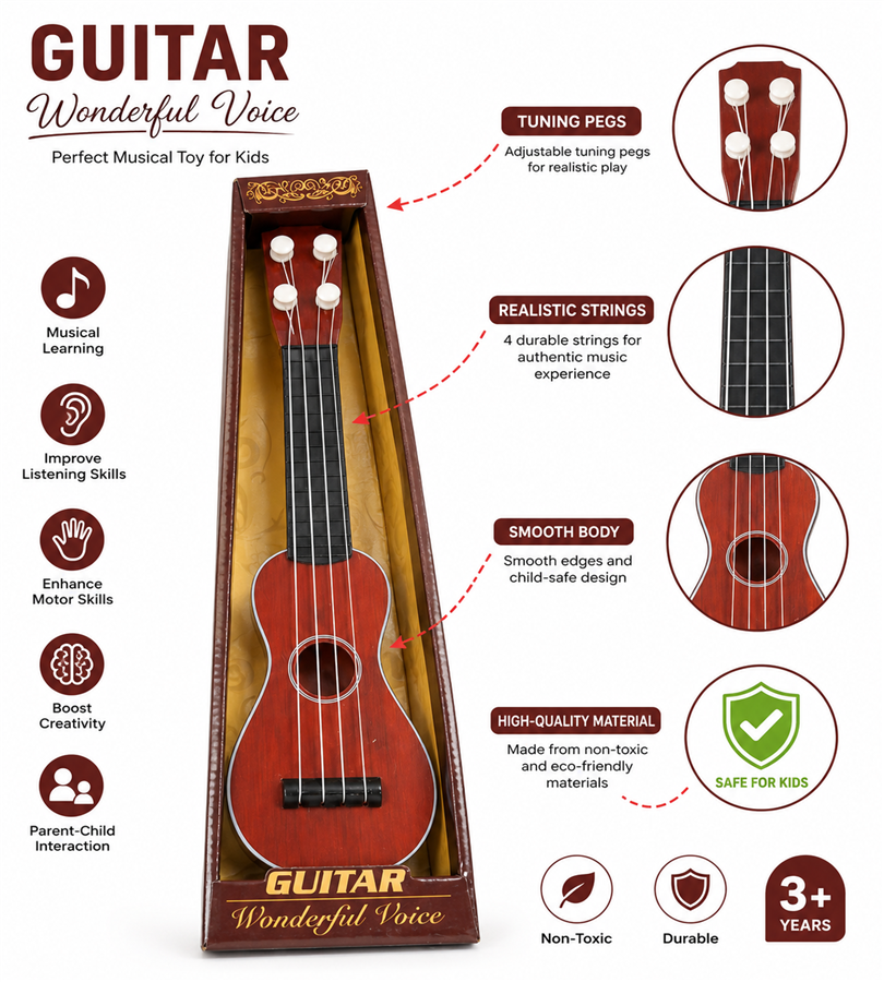 Kids Mini Guitar Toy – 4 String Musical Guitar with Adjustable Tuning Pegs | Age 3+