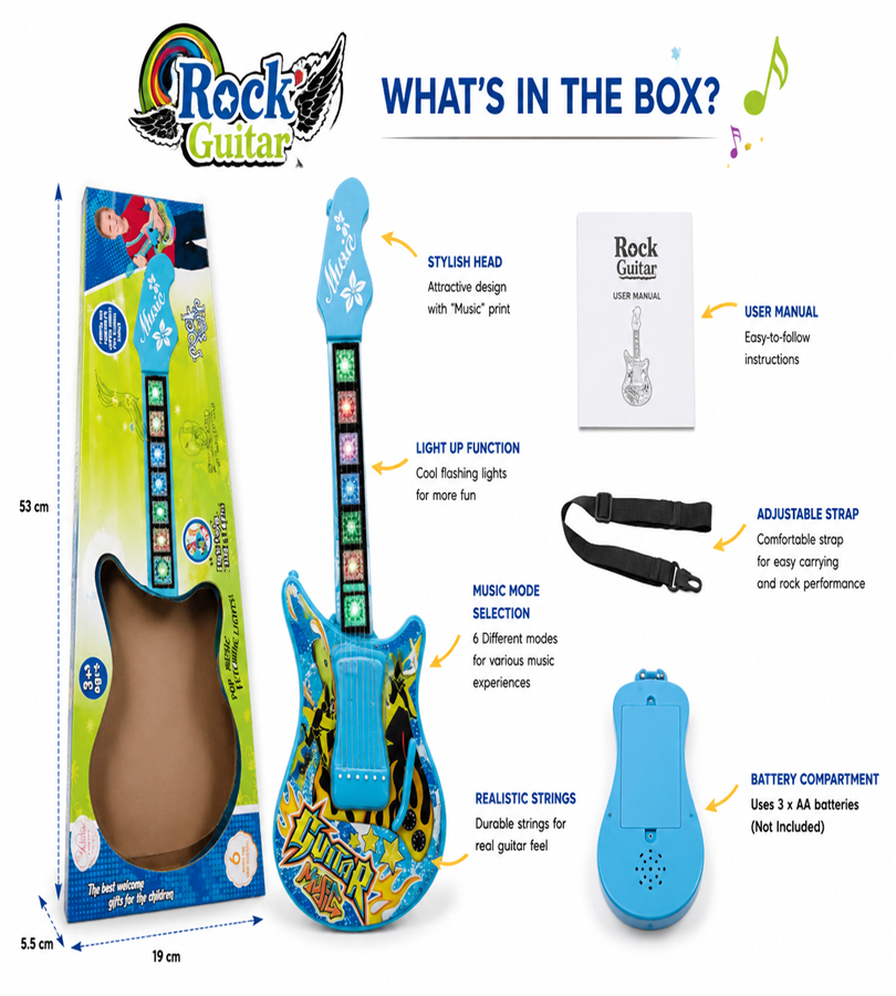 Rock Guitar Musical Toy – Electric Blue Toy Guitar with Light-Up Fretboard, 6 Music Modes, and Realistic Strings (3+ Years)