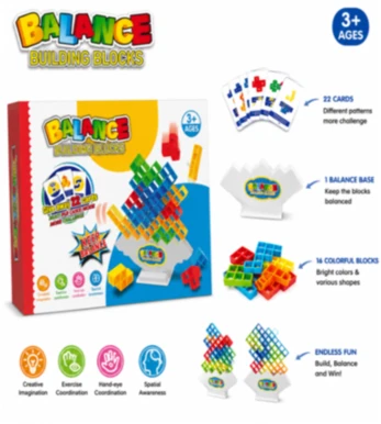 Balance Building Blocks – Educational Tetris Stacking and Balancing Board Game with 22 Cards and 16 Colorful Blocks (3+ Years)