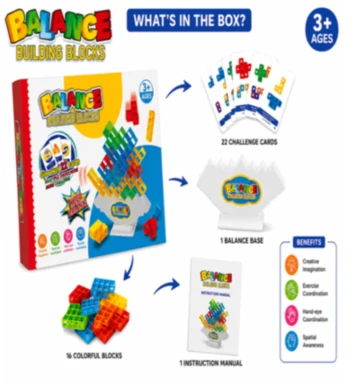 Balance Building Blocks – Educational Tetris Stacking and Balancing Board Game with 22 Cards and 16 Colorful Blocks (3+ Years)