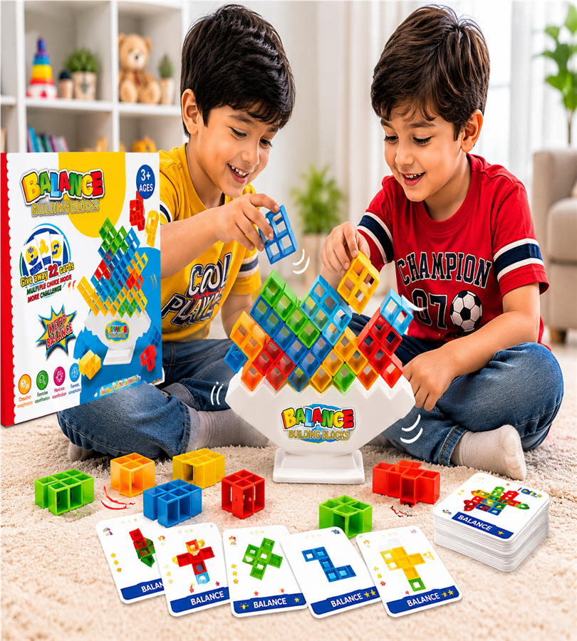 Balance Building Blocks – Educational Tetris Stacking and Balancing Board Game with 22 Cards and 16 Colorful Blocks (3+ Years)