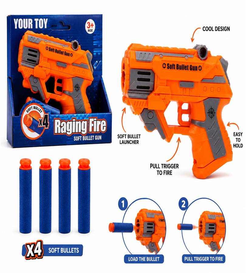 Your Toy Raging Fire – Soft Bullet Gun Toy Set with 4 Foam Darts for Kids (3+ Years)