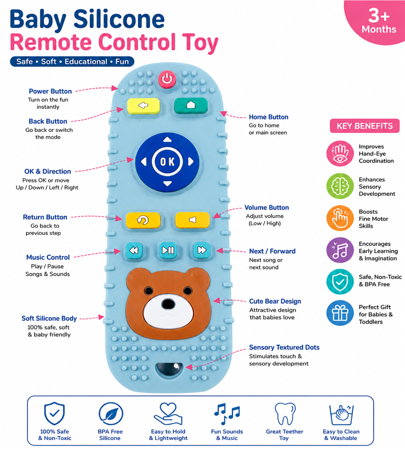 Baby Soft Silicone Toy Remote Control – BPA Free | Fun Sounds | 4 Colors | Kids Learning Toy