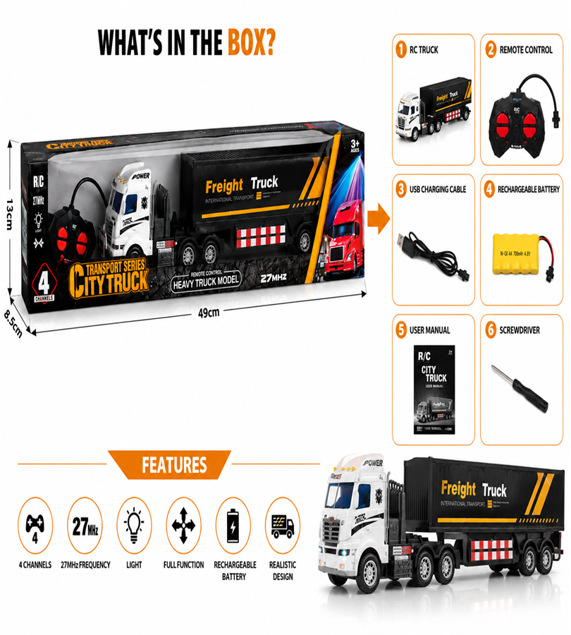 4 Channel Remote Control City Freight Truck – 27MHz Heavy Duty RC Transport Truck for Kids