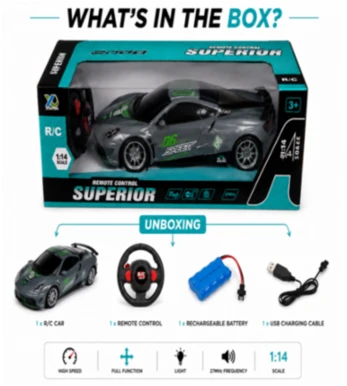 Superior Remote Control Car – 1:14 Scale Gray Racing Sport R/C Vehicle with Flash Lights and 27MHz Controller (3+ Years)