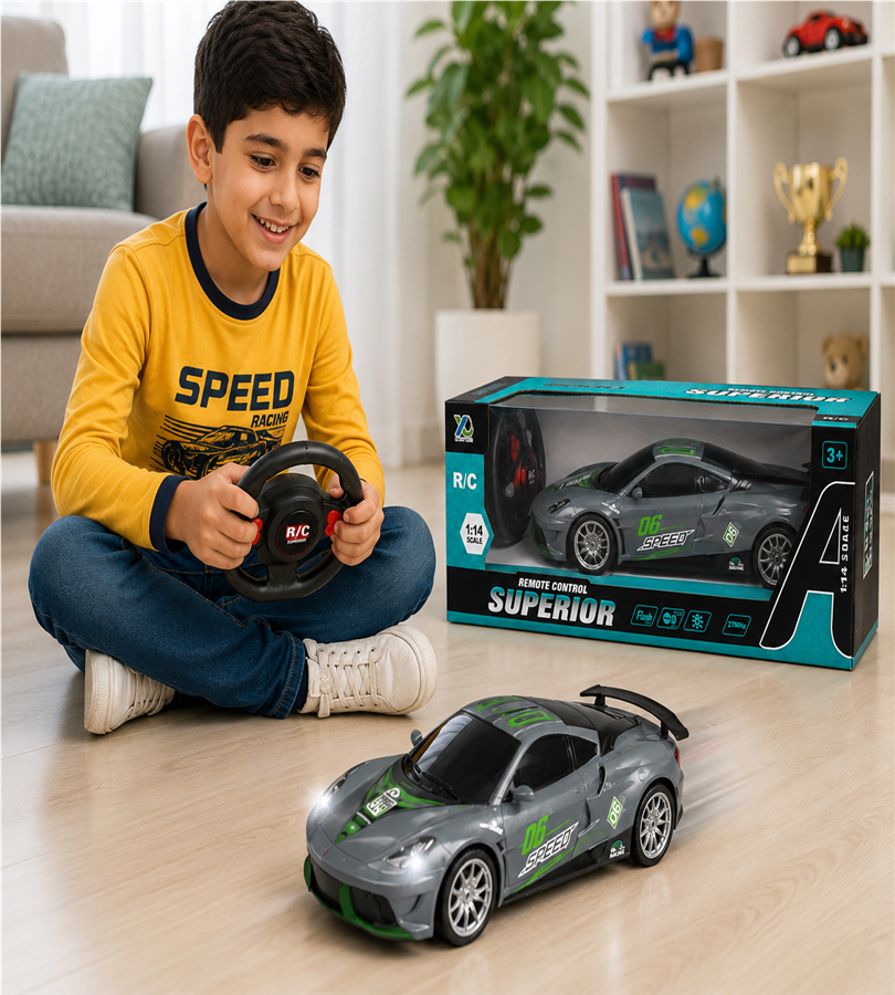 Superior Remote Control Car – 1:14 Scale Gray Racing Sport R/C Vehicle with Flash Lights and 27MHz Controller (3+ Years)