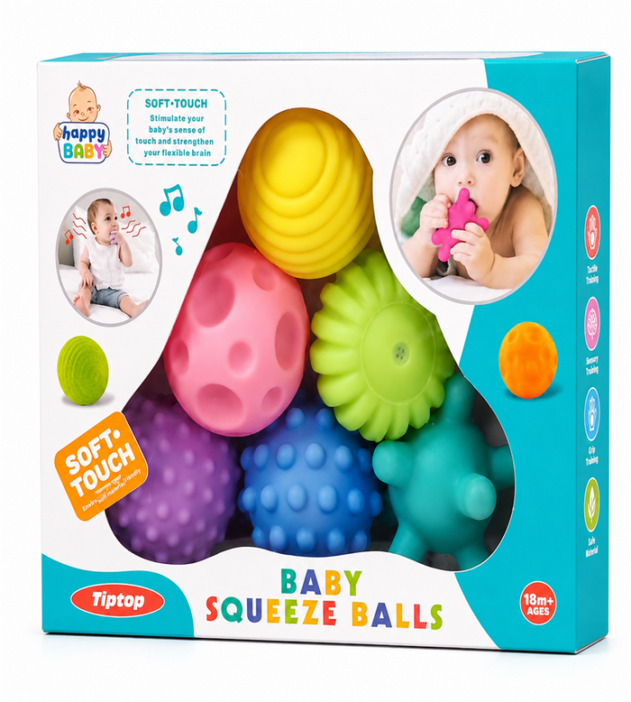 Tiptop Happy Baby Squeeze Balls - Soft Touch Sensory Teething and Tactile Training Toys Set