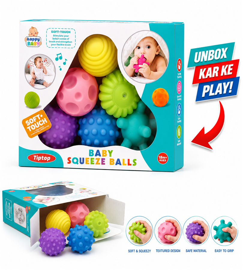 Tiptop Happy Baby Squeeze Balls - Soft Touch Sensory Teething and Tactile Training Toys Set