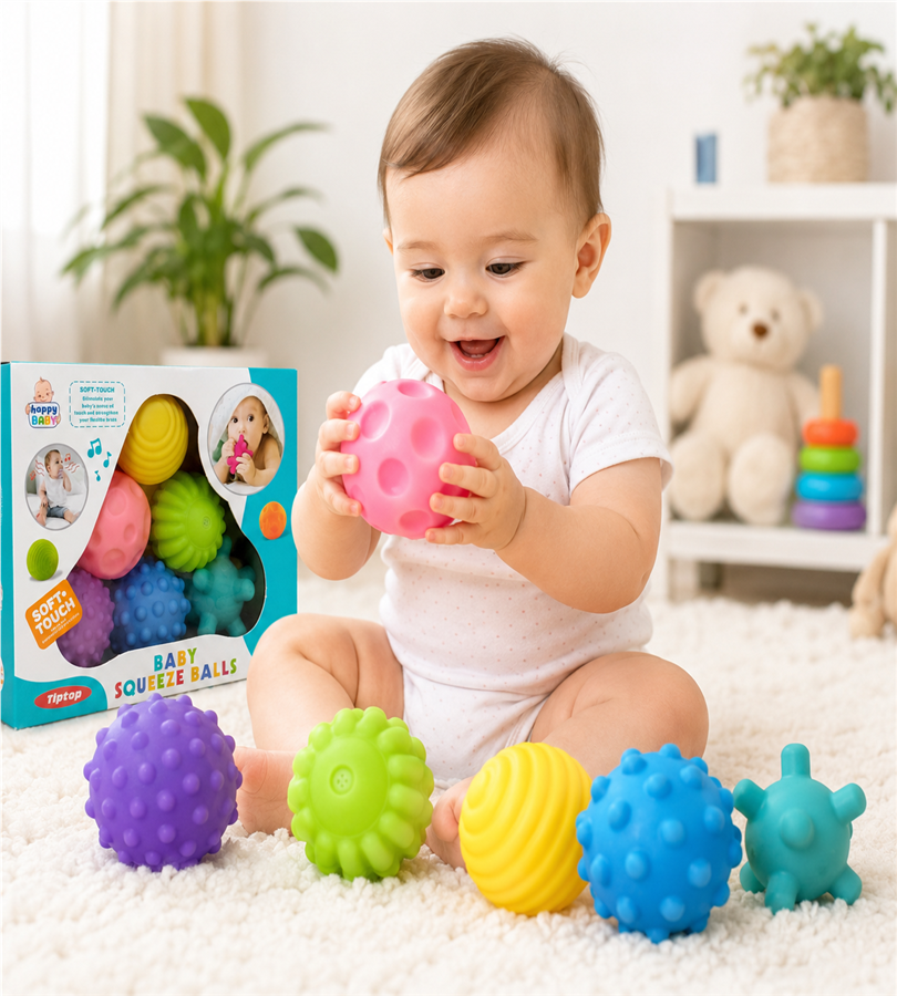 Tiptop Happy Baby Squeeze Balls - Soft Touch Sensory Teething and Tactile Training Toys Set