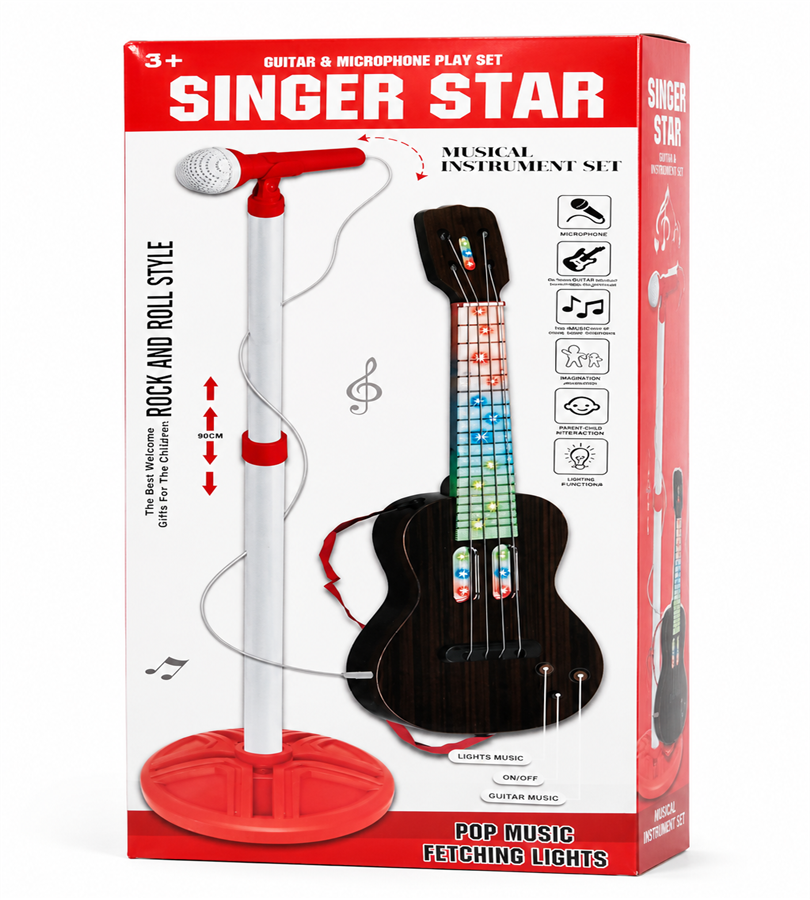 Singer Star Guitar & Microphone Play Set - Rock and Roll Style Musical Toy with Pop Music and Fetching Lights
