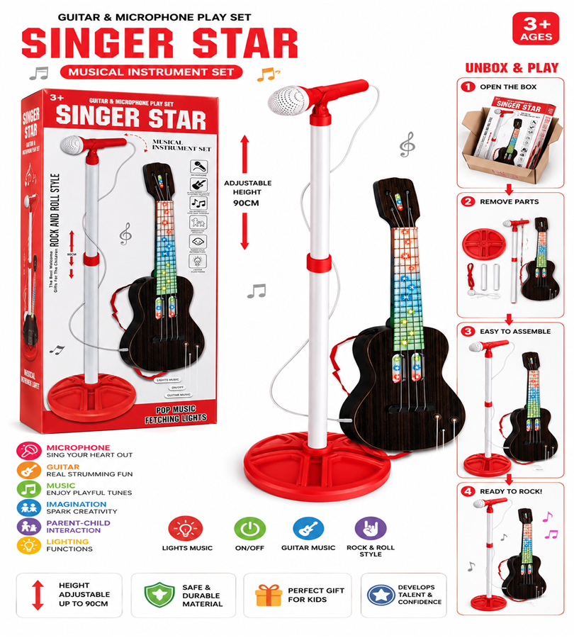 Singer Star Guitar & Microphone Play Set - Rock and Roll Style Musical Toy with Pop Music and Fetching Lights