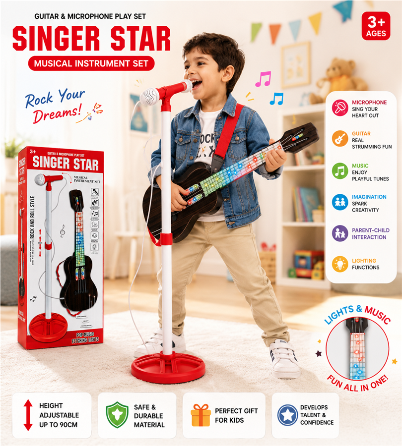 Singer Star Guitar & Microphone Play Set - Rock and Roll Style Musical Toy with Pop Music and Fetching Lights