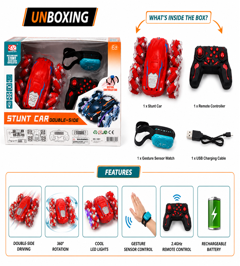 Multi-Functional Stunt Car Double-Side Gesture Sensing RC Remote Control Car with Watch Controller