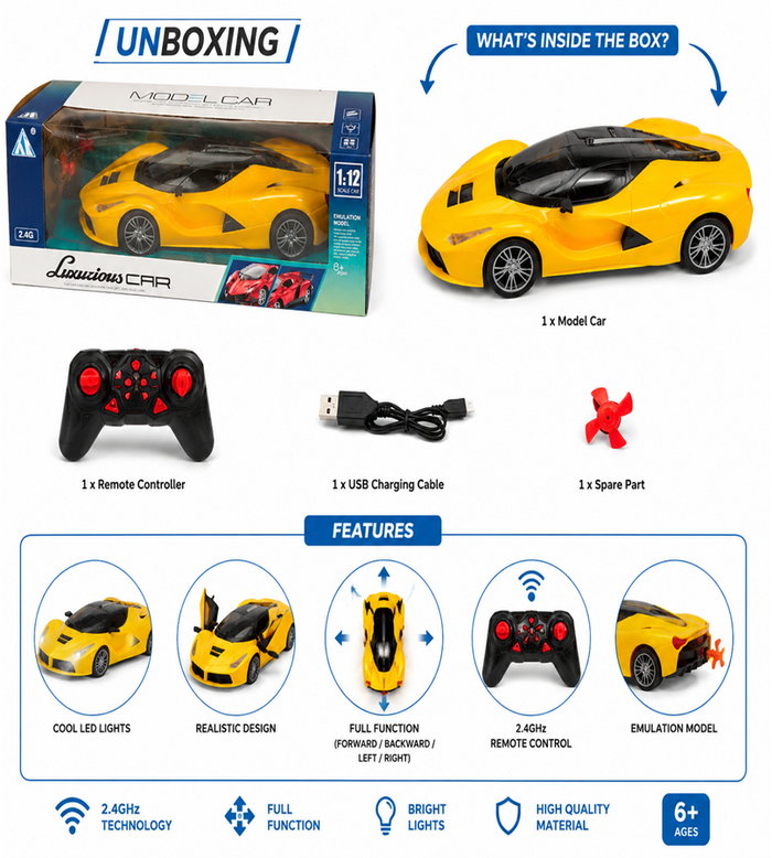 Luxurious RC Model Car – 1:12 Scale Yellow Remote Control Racing Car with 2.4GHz Controller, LED Lights, and USB Charger (6+ Years)