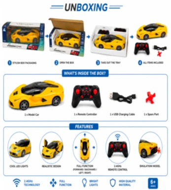 Luxurious RC Model Car – 1:12 Scale Yellow Remote Control Racing Car with 2.4GHz Controller, LED Lights, and USB Charger (6+ Years)
