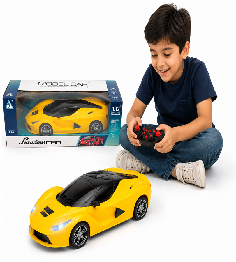 Luxurious RC Model Car – 1:12 Scale Yellow Remote Control Racing Car with 2.4GHz Controller, LED Lights, and USB Charger (6+ Years)