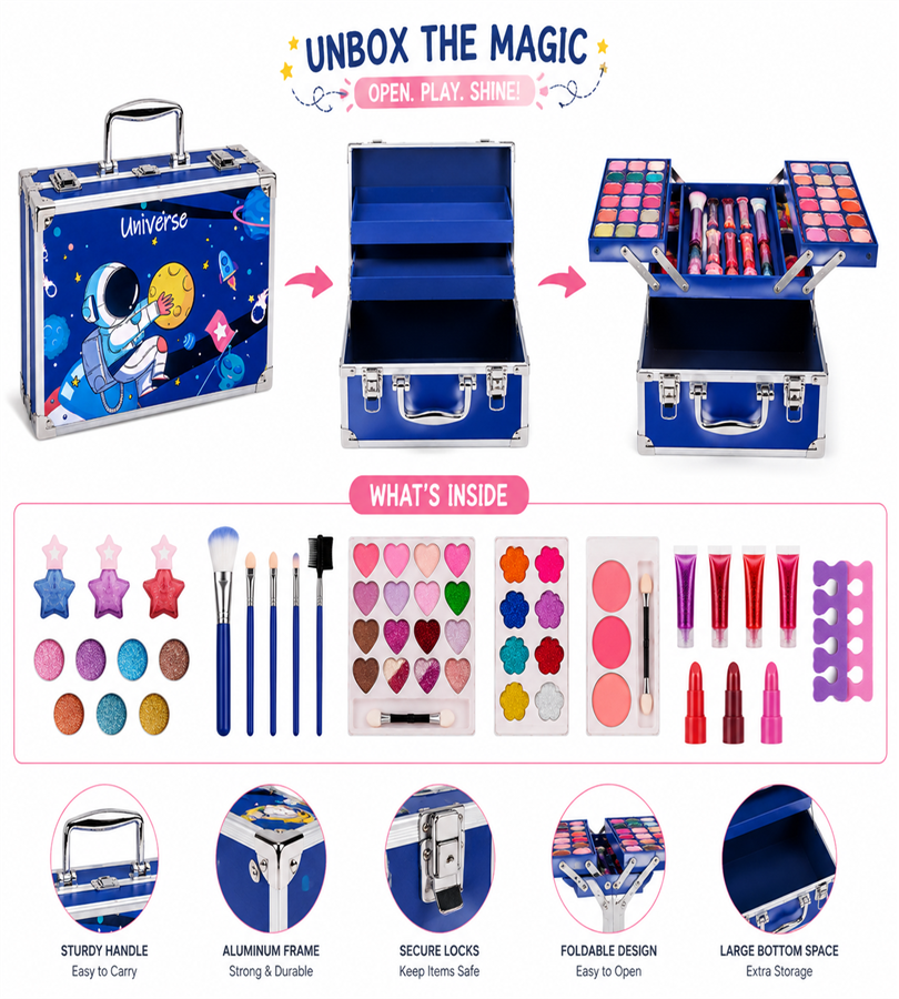 Universe Theme Aluminum Storage Briefcase – Kids Space-Themed Carry Case with Metal Latches and Handle
