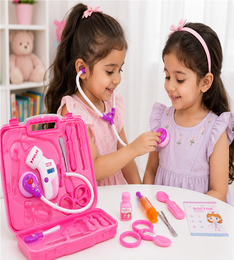 Doctor M.D. Set – Kids Pretend Medical Kit and Doctor Play Set in Portable Pink Storage Carry Case