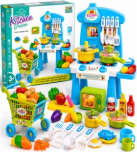 Kitchen Dream Play Set – Kids Pretend Cooking Kitchen Counter and Shopping Cart Combo with Utensils and Play Food (3+ Years)