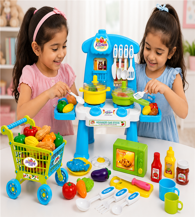 Kitchen Dream Play Set – Kids Pretend Cooking Kitchen Counter and Shopping Cart Combo with Utensils and Play Food (3+ Years)