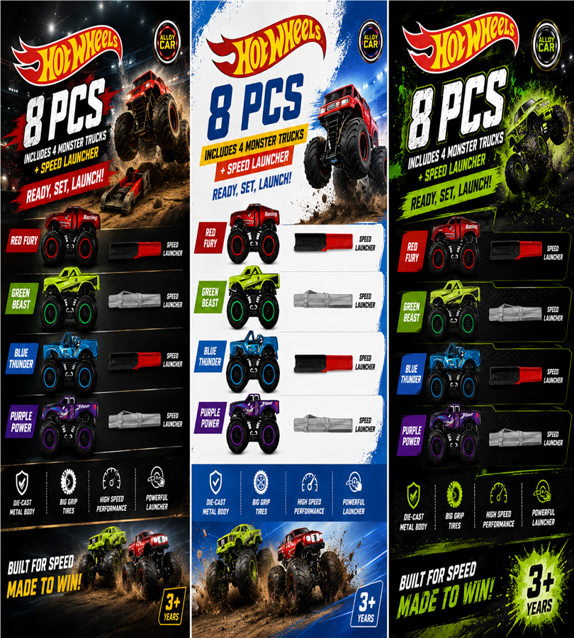 Hot Wheels 8 Pcs Monster Truck Set - Includes 4 Alloy Metal Body Trucks and Speed Launchers
