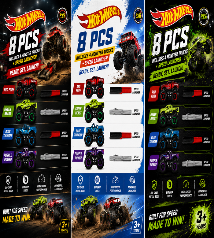 Hot Wheels 8 Pcs Monster Truck Set - Includes 4 Alloy Metal Body Trucks and Speed Launchers