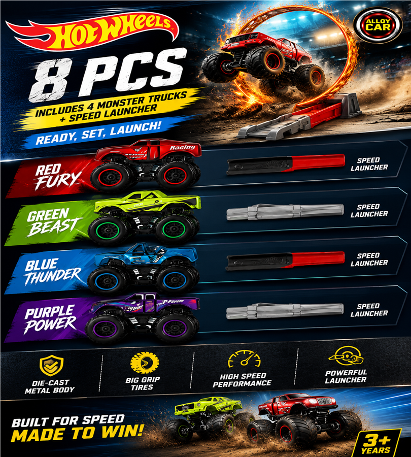 Hot Wheels 8 Pcs Monster Truck Set - Includes 4 Alloy Metal Body Trucks and Speed Launchers