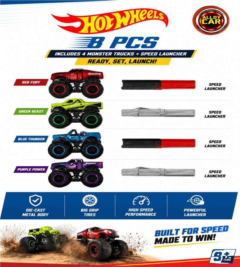 Hot Wheels 8 Pcs Monster Truck Set - Includes 4 Alloy Metal Body Trucks and Speed Launchers