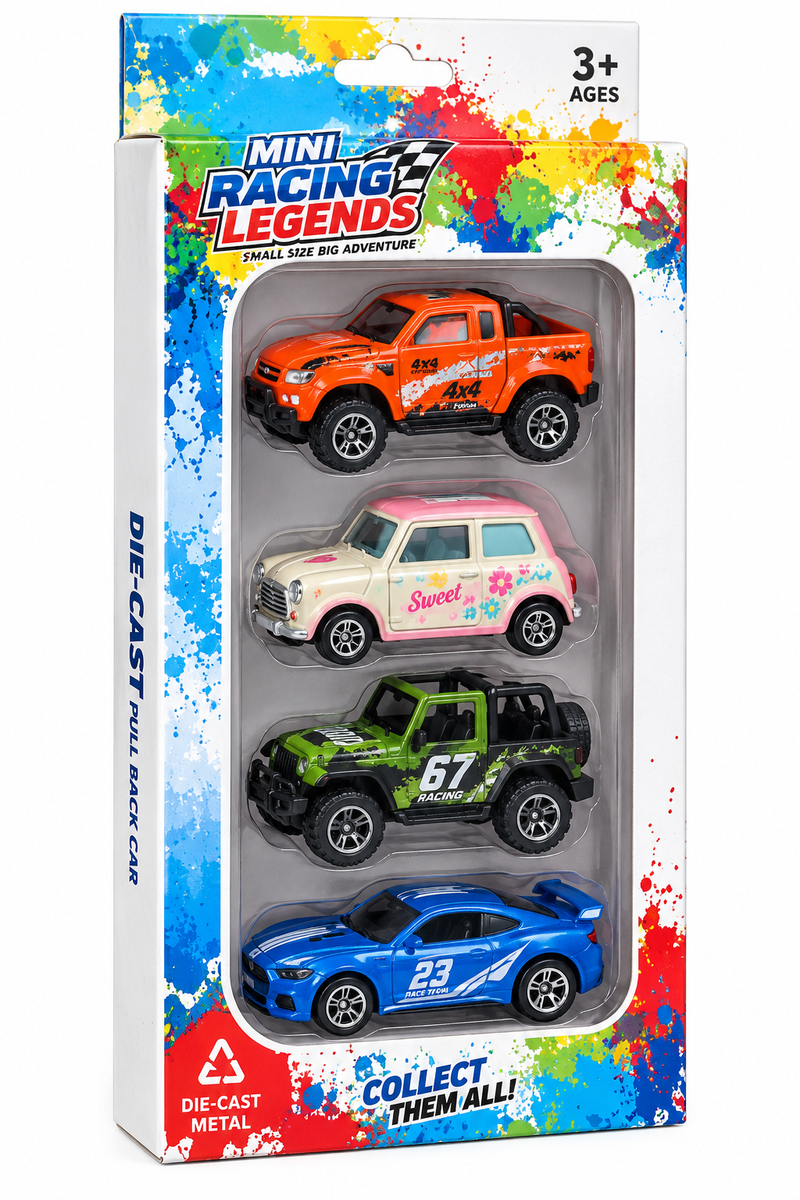 4PCS Alloy Racing Model Car Set – Colorful Die-Cast Toy Cars for Kids