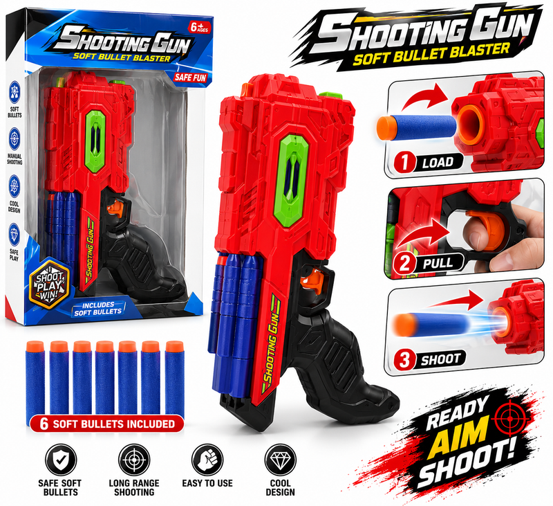 Soft Bullet Toy Gun for Kids – Foam Dart Blaster with 6 Soft Bullets