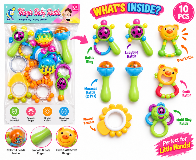Magic Baby Rattle Toy Set – Colorful Multi-Shape Rattles for Babies & Kids