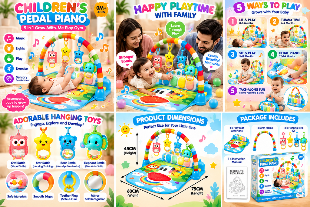 5-in-1 Baby Play Gym with Pedal Piano, Music & Lights – Colorful Activity Gym for Infants & Toddlers