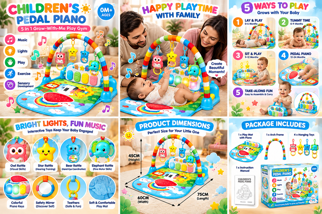 5-in-1 Baby Play Gym with Pedal Piano, Music & Lights – Colorful Activity Gym for Infants & Toddlers