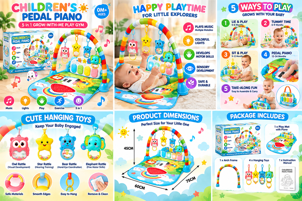 5-in-1 Baby Play Gym with Pedal Piano, Music & Lights – Colorful Activity Gym for Infants & Toddlers