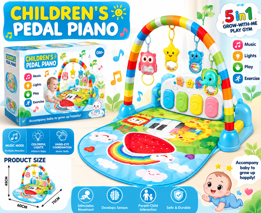 5-in-1 Baby Play Gym with Pedal Piano, Music & Lights – Colorful Activity Gym for Infants & Toddlers