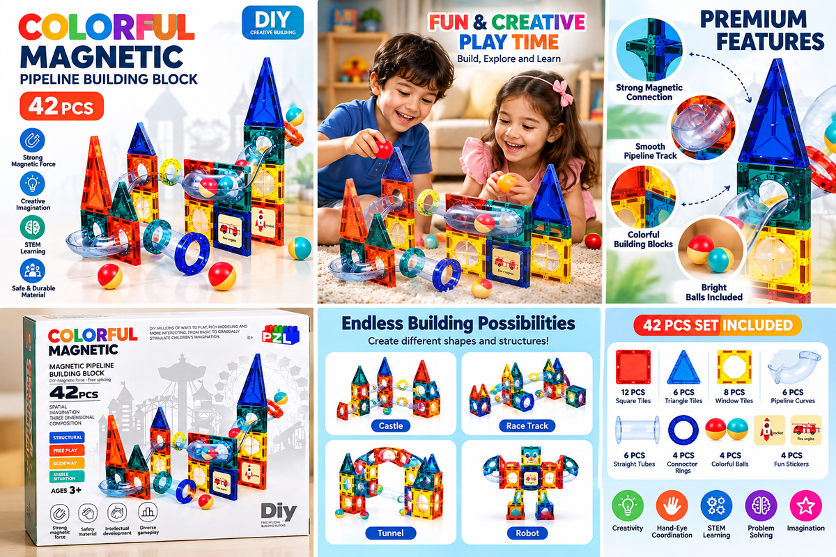 42 Pcs Colorful Magnetic Pipeline Building Blocks for Kids – DIY 3D Construction STEM Learning Toy