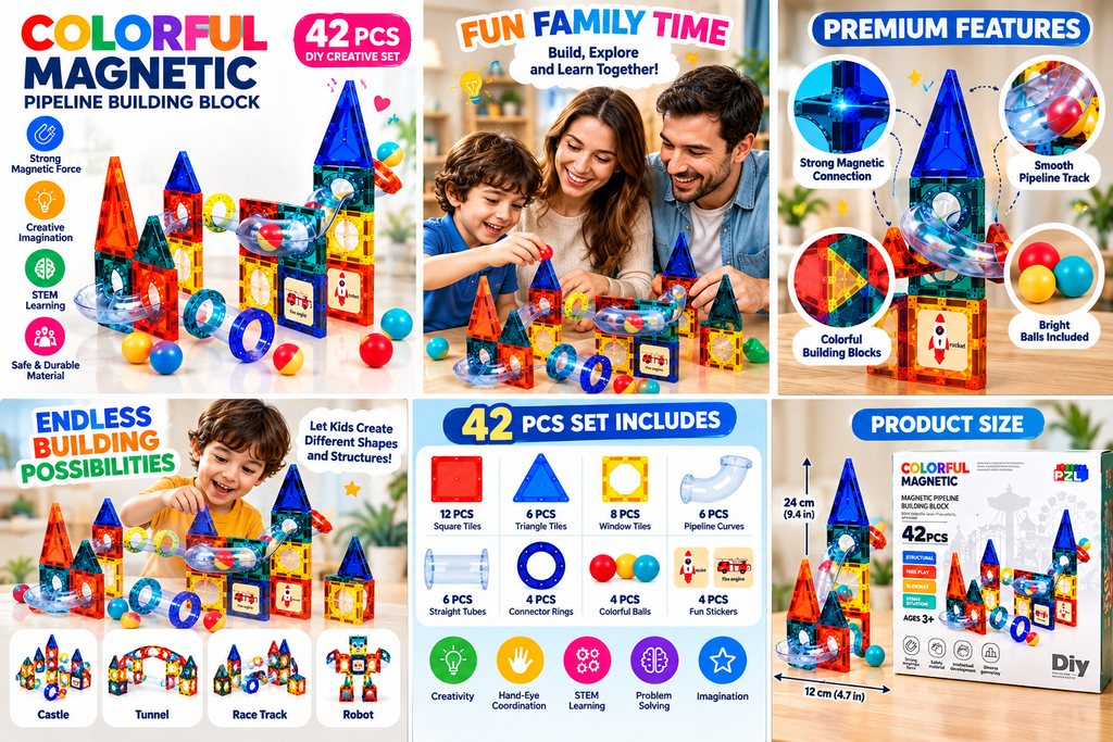 42 Pcs Colorful Magnetic Pipeline Building Blocks for Kids – DIY 3D Construction STEM Learning Toy