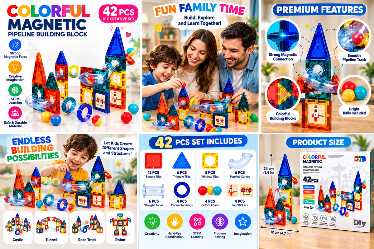 42 Pcs Colorful Magnetic Pipeline Building Blocks for Kids – DIY 3D Construction STEM Learning Toy