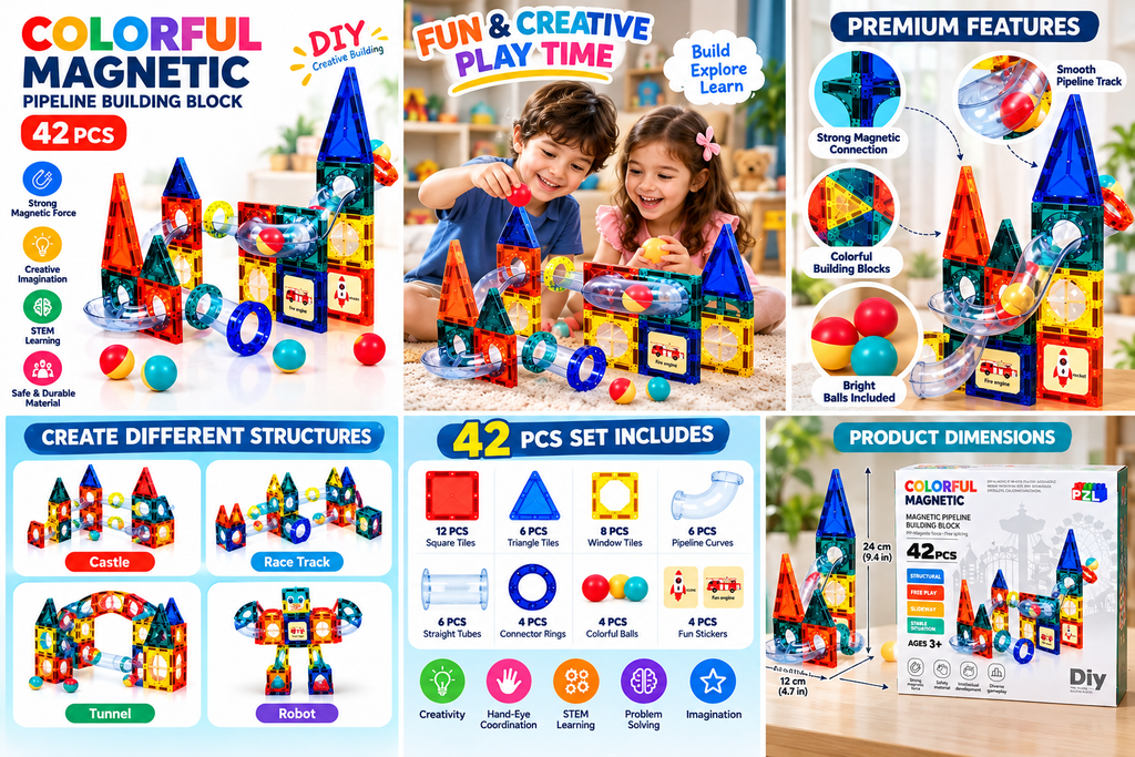42 Pcs Colorful Magnetic Pipeline Building Blocks for Kids – DIY 3D Construction STEM Learning Toy