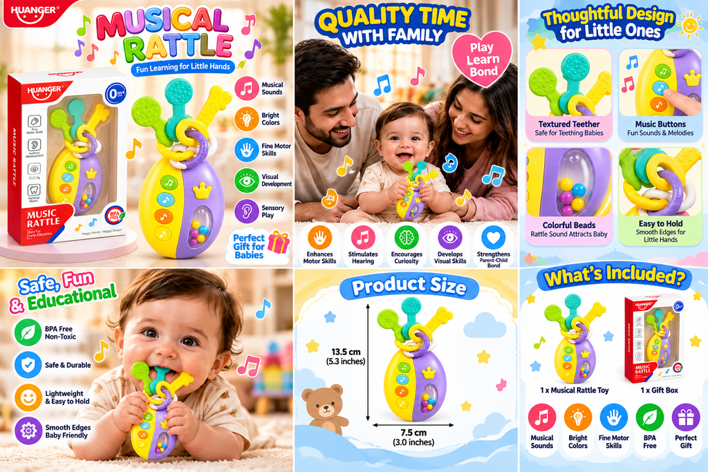 Musical Rattle Toy for Babies – Baby Teether with Music Buttons, Colorful Beads & Sensory Learning Toy