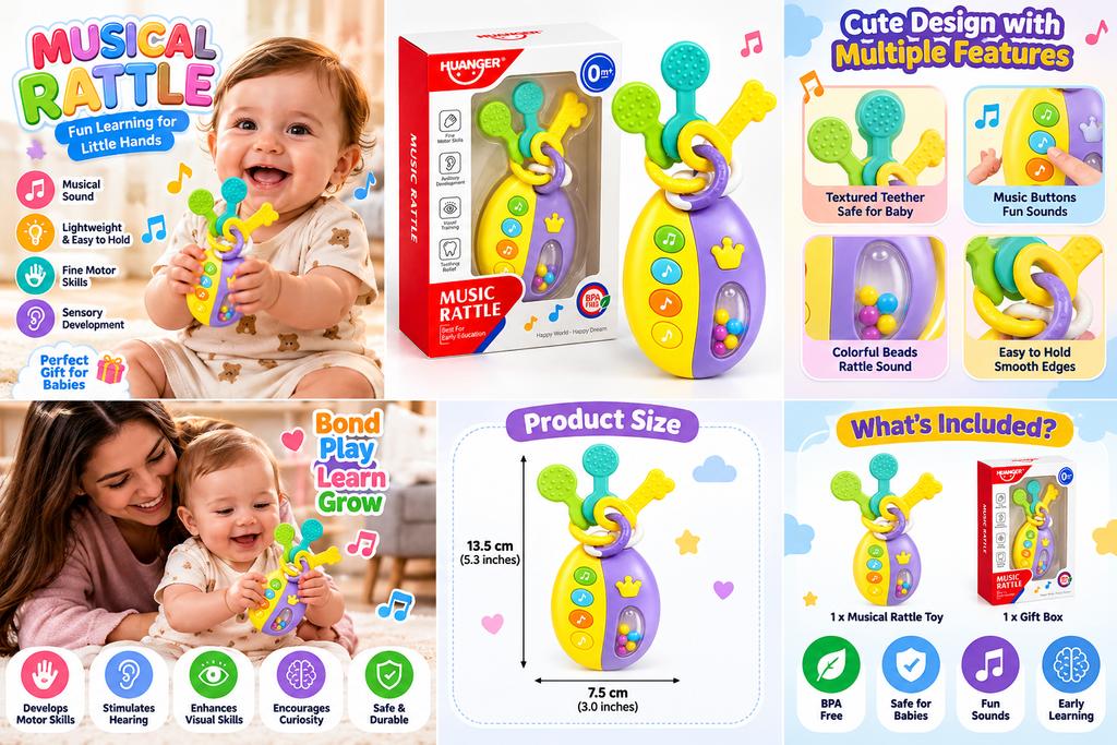 Musical Rattle Toy for Babies – Baby Teether with Music Buttons, Colorful Beads & Sensory Learning Toy