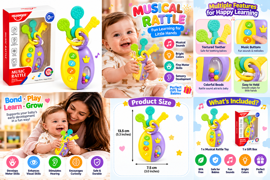 Musical Rattle Toy for Babies – Baby Teether with Music Buttons, Colorful Beads & Sensory Learning Toy
