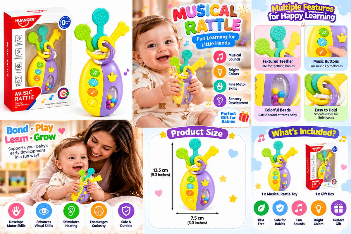 Musical Rattle Toy for Babies – Baby Teether with Music Buttons, Colorful Beads & Sensory Learning Toy