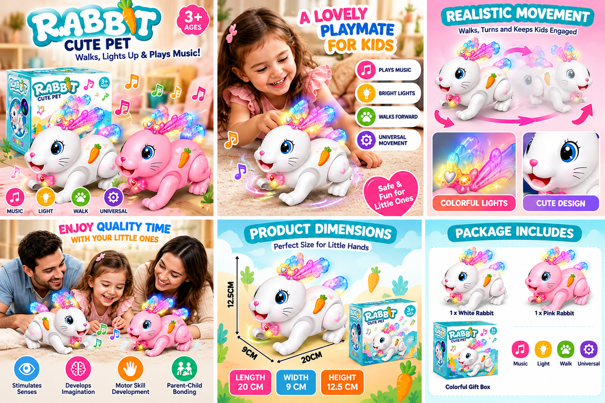 Cute Electric Rabbit Toy for Kids – Walking Rabbit with Colorful Lights & Music | Interactive Pet Toy