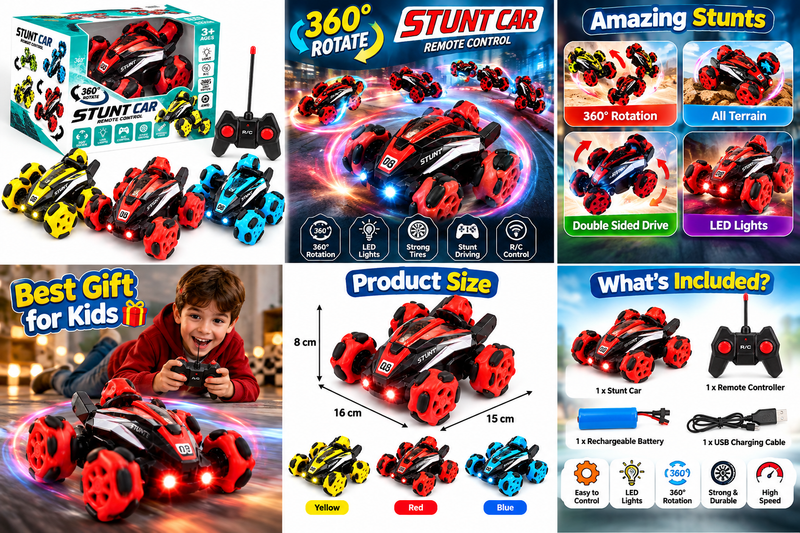 Remote Control Stunt Car for Kids – 360° Rotating 4WD RC Car with LED Lights, Double-Sided Drive & All-Terrain Wheels