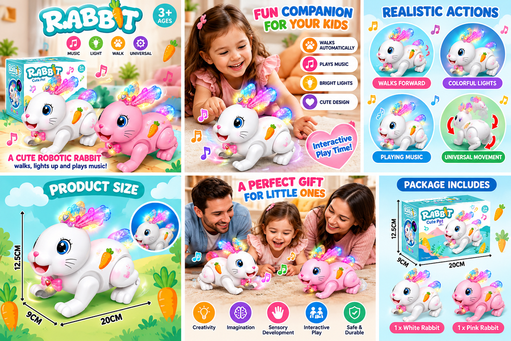 Cute Electric Rabbit Toy for Kids – Walking Rabbit with Colorful Lights & Music | Interactive Pet Toy